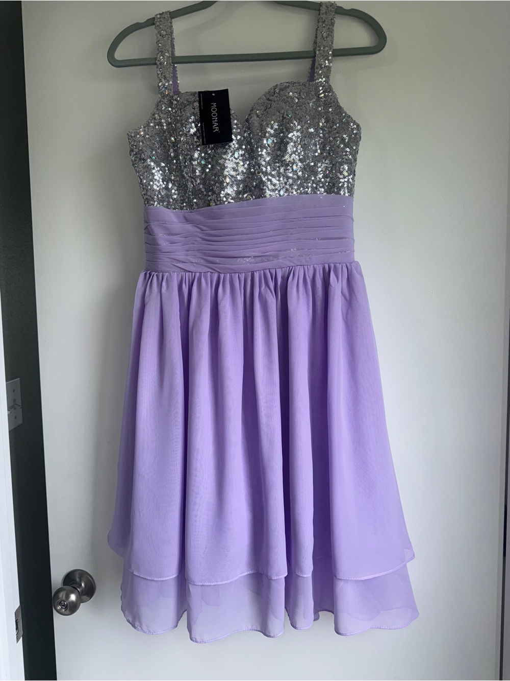 Sparkling Silver Sequin Bodice Lavender Chiffon Formal Dress
